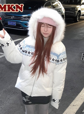 RMKN美式复古费尔岛连帽毛领棉服外套男女冬季休闲宽松保暖棉衣