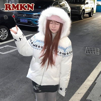 RMKN美式复古费尔岛连帽毛领棉服外套男女冬季休闲宽松保暖棉衣