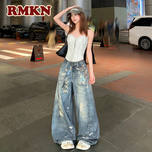 RMKN美式复古水洗宽松直筒3D打印链条设计百搭垂感阔腿牛仔裤女
