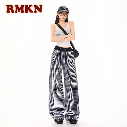 RMKN夏季新款美式休闲拼接格子裤女高个子加长百搭显瘦垂感阔腿裤