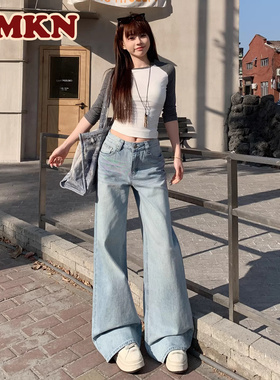 RMKN浅蓝色美式阔腿裤女宽松垂感显瘦猫须秋冬新款2026直筒拖地裤