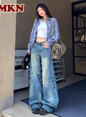 RMKN美式复古重工艺水洗宽松阔腿牛仔裤女高街慵懒百搭显瘦拖地裤