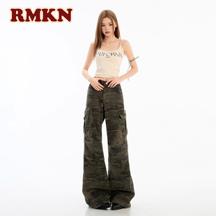 RMKN美式复古迷彩工装牛仔裤女2025夏季高街嘻哈宽松显瘦微喇长裤