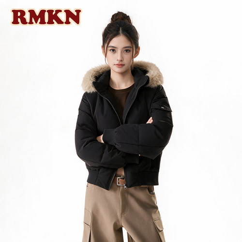 RMKN 90白鸭绒毛领连帽羽绒服女秋冬季新款短款外套休闲保暖上衣