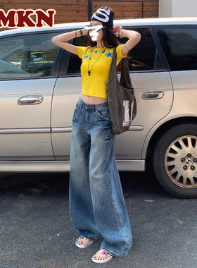 RMKN美式复古阔腿牛仔裤女不贴腿铆钉设计感宽松显瘦拖地直筒裤