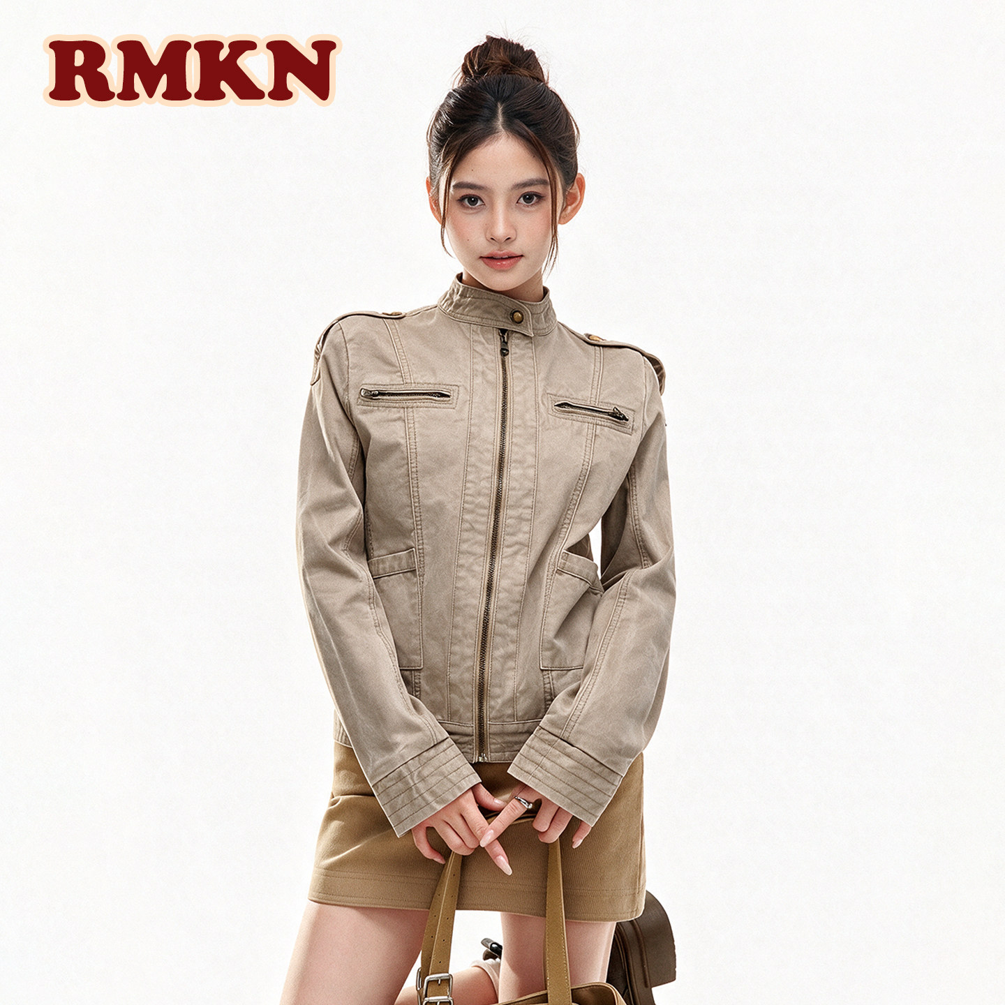RMKN美式复古立领做旧正肩短外套女春秋设计感休闲百搭夹克上衣图片