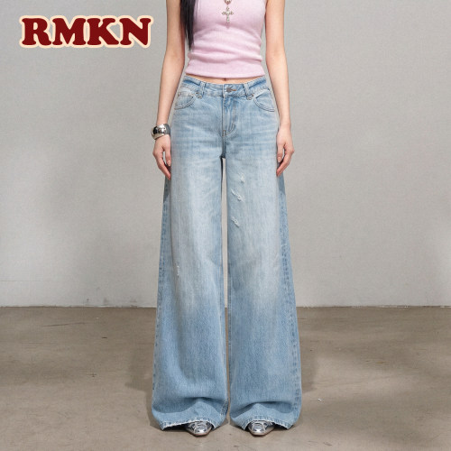 RMKN水洗浅蓝破洞阔腿牛仔裤女慵懒风高个子宽松百搭显瘦拖地长裤