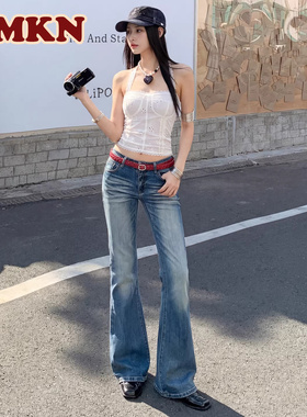 RMKN经典复古蓝微喇牛仔裤女2026新款修身弹力辣妹低腰喇叭裤子女