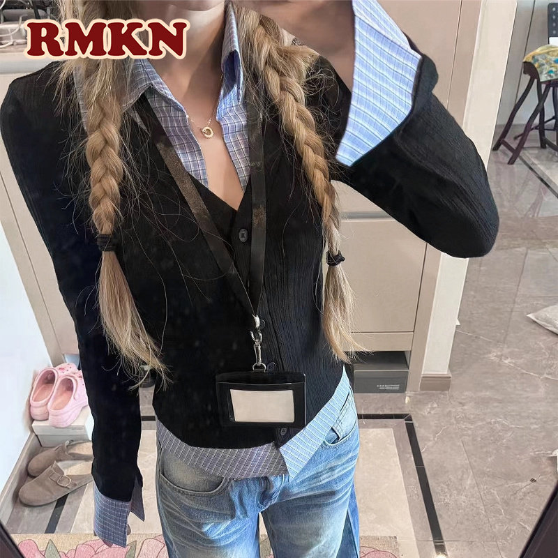 RMKN美式复古辣妹假两件格子拼接polo领针织开衫女2026新款上衣图片