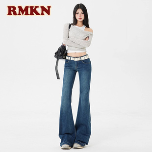 RMKN美式复古深蓝低腰微喇牛仔裤女不贴腿弹力辣妹直筒喇叭裤