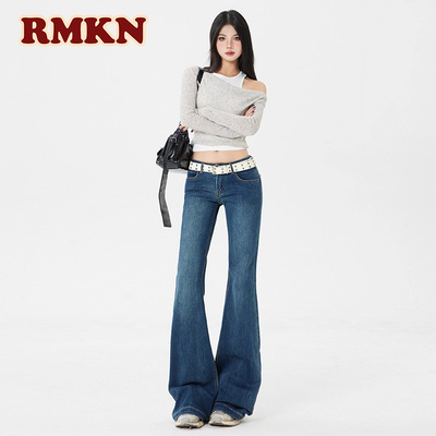 RMKN美式复古深蓝低腰微喇牛仔裤女不贴腿弹力辣妹直筒喇叭裤