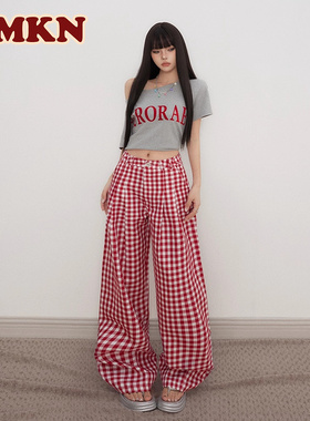 RMKN美式复古红白色格子休闲裤女bf慵懒风宽松直筒阔腿裤子