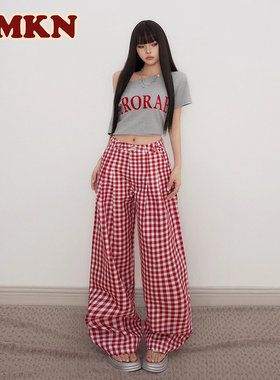 RMKN美式复古红白色格子休闲裤女bf慵懒风宽松直筒阔腿裤子