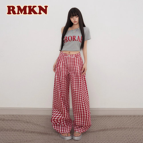 RMKN美式复古红白色格子休闲裤女bf慵懒风宽松直筒阔腿裤子