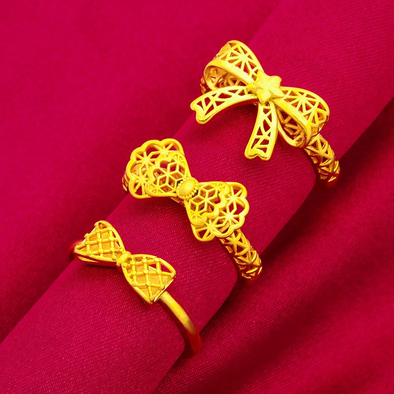 越南沙金女士时尚新款蝴蝶结戒指女士开口喷砂磨砂戒指