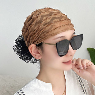 新款亮丝波浪条纹蕾丝头巾包头帽薄款透气女遮白发家居回族妈妈帽