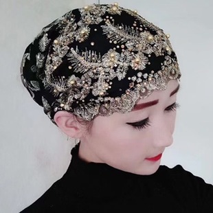 新款帽子2022方便套头回族女士盖头金丝绣花钉珠遮白发家居包头帽