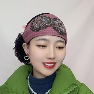 遮白发包头帽女新款双花串珠亮片发带帽头饰帽民族风头巾帽减龄