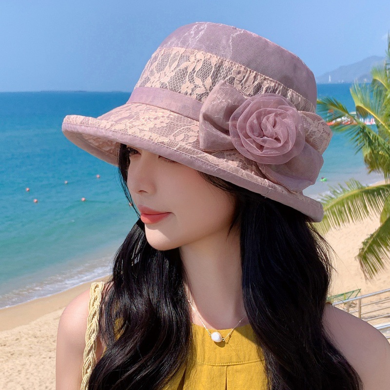 新款时尚蕾丝渔夫帽女士夏季太阳盆帽中老年仿桑蚕丝沙滩遮阳帽潮