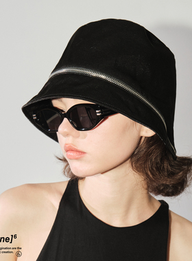 imagine6于文文同款明星缎面光泽黑色拉链渔夫盆帽可摘卸暗黑风