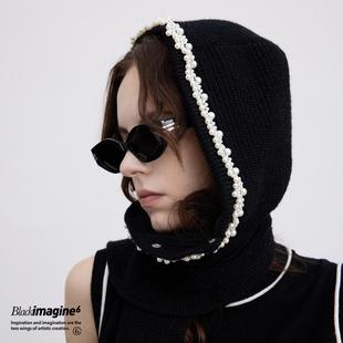 套头披肩 全手工珍珠围巾帽时髦百搭秋冬新款 black imagine6