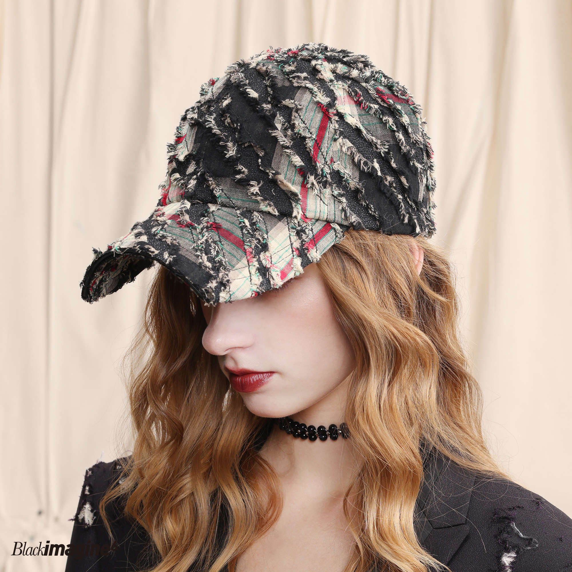 black imagine6 x by moossi 联名格纹拼接毛边平帽檐棒球帽男女