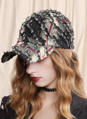 black imagine6 x by moossi 联名格纹拼接毛边平帽檐棒球帽男女