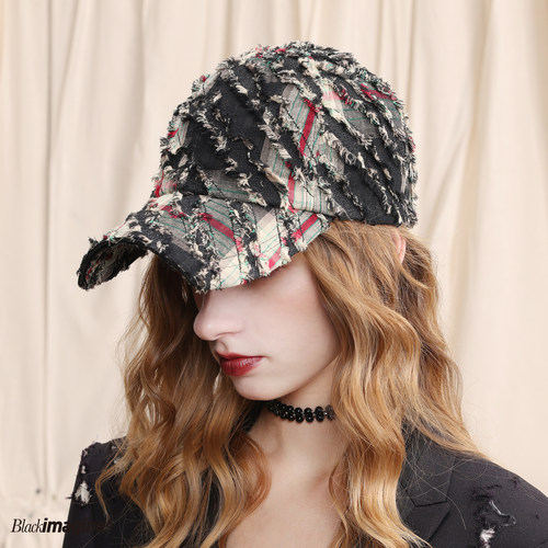 black imagine6 x by moossi 联名格纹拼接毛边平帽檐棒球帽男女