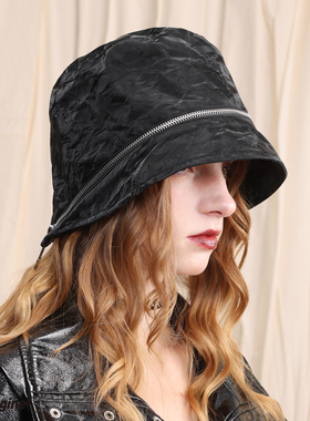 black imagine6｜肌理拉链盆帽渔夫帽可拆卸黑色男女同款植绒皮
