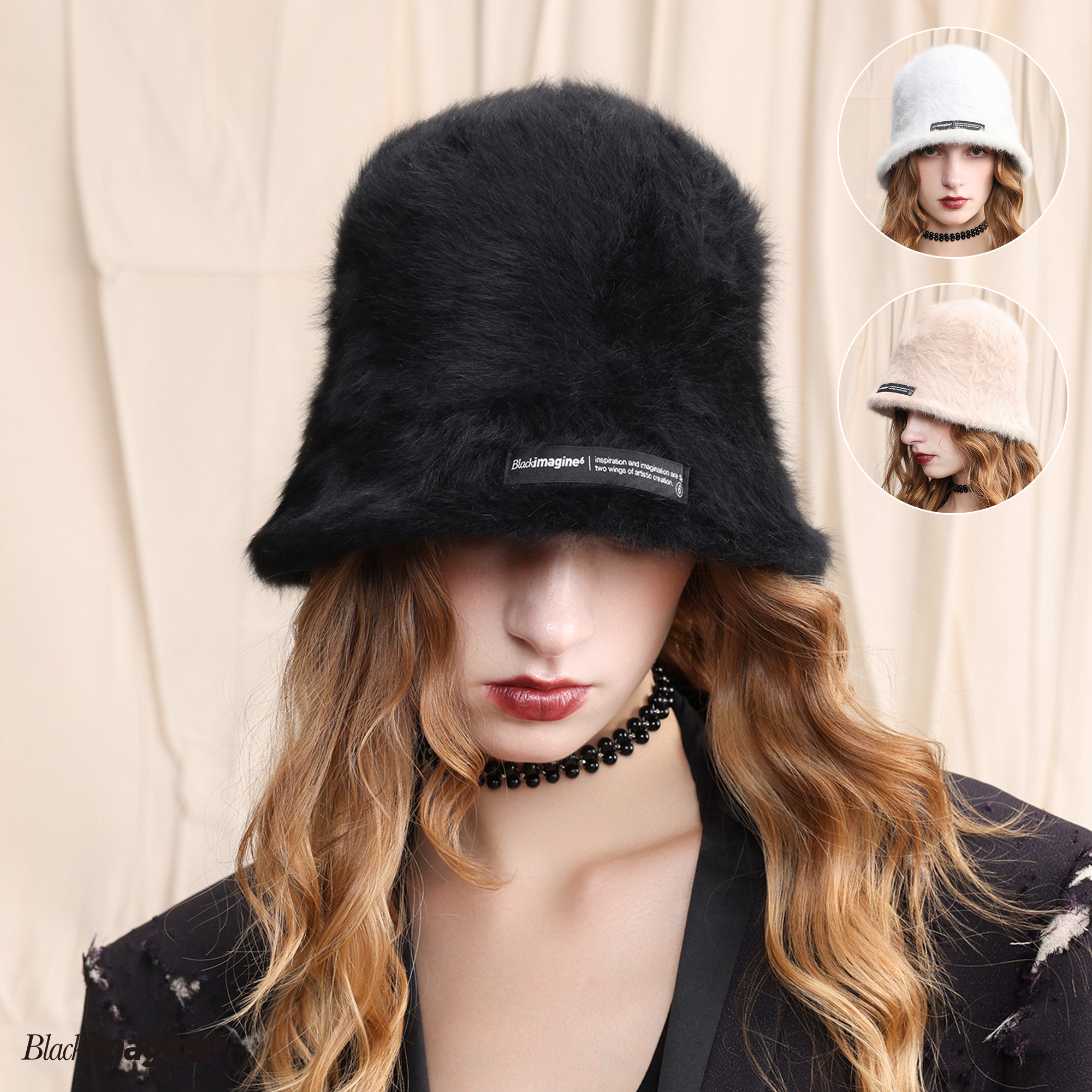 黑白色卡其兔毛毛绒盆帽渔夫帽