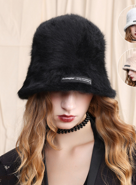 black imagine6｜宋妍霏同款百搭卡其兔毛绒盆帽黑白秋冬保暖防风