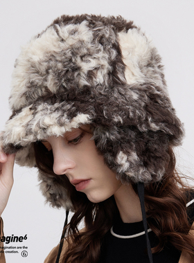 black imagine6 徐艺洋同款个性环保毛绒盆帽咖色护耳帽保暖拆卸