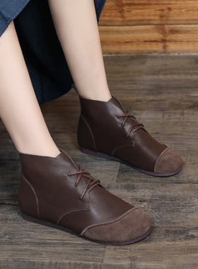 森系女鞋2025新款复古系带马丁靴女秋冬真皮平底短靴及踝靴软加绒