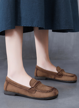 原创设计小众复古单鞋女春新款头层牛皮平底休闲豆豆鞋软底小皮鞋