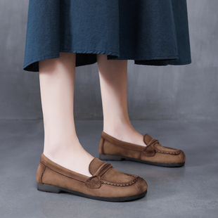 原创设计小众复古单鞋女春新款头层牛皮平底休闲豆豆鞋软底小皮鞋