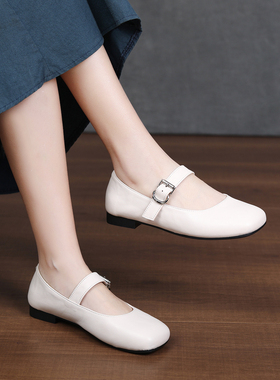 头层牛皮~~方头浅口一字带玛丽珍鞋气质女鞋手工平跟单鞋软底软面