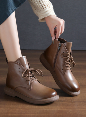 复古头层牛皮马丁靴系带厚底短靴侧拉链机车靴瘦瘦靴加绒41码女鞋