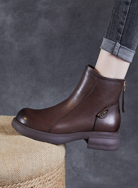 头层水洗牛皮短靴女英伦风厚底切尔西皮靴后拉链粗跟烟筒靴瘦瘦靴