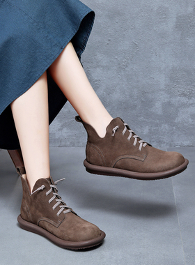 森系马丁靴女复古英伦风头层牛皮平底短靴低筒大头靴真皮高帮鞋软