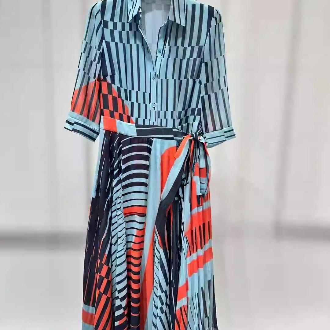 25春季乔其印花不对称压褶衬衫裙