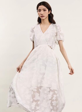 现货速发商场同款提2026年夏新品宫廷风V领收腰裙子242GL0524