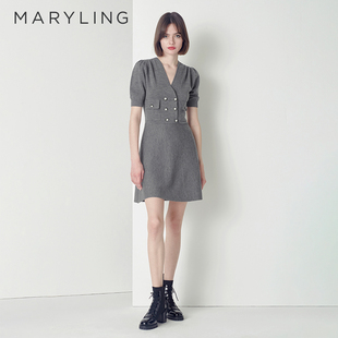 MARYLING玛俪琳春秋季新品灰色双排扣V领中裙绵羊毛针织连衣裙