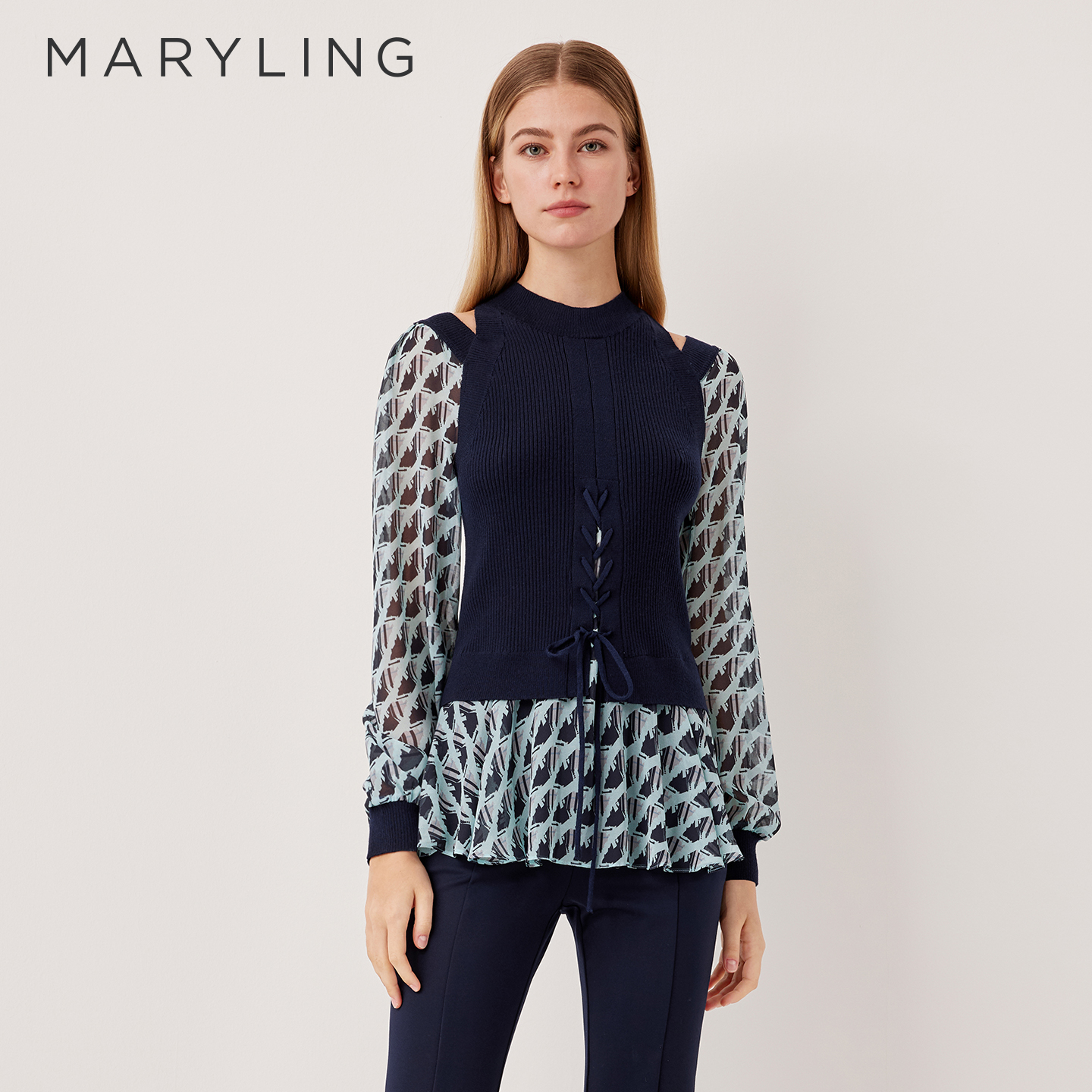 MARYLING玛俪琳2025冬季新品蓝黑千鸟格假两件针梭上衣A1FHW26580