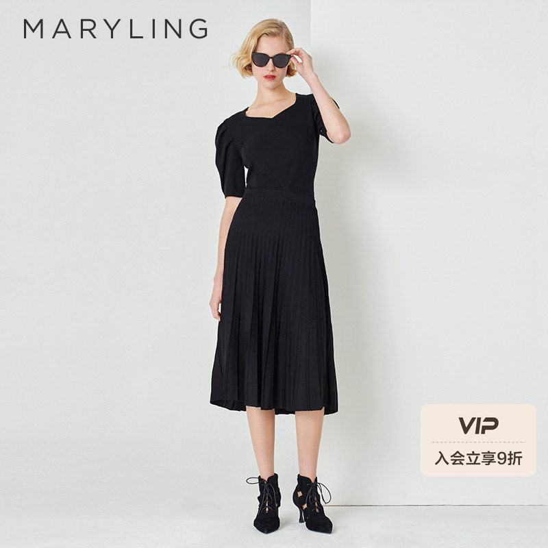 MARYLING玛俪琳春夏季黑色经典显瘦百褶针织半裙A1DAW0
