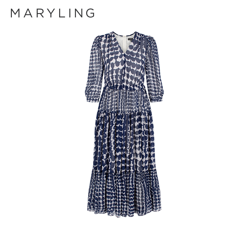 MARYLING蓝白圆点印花连衣裙