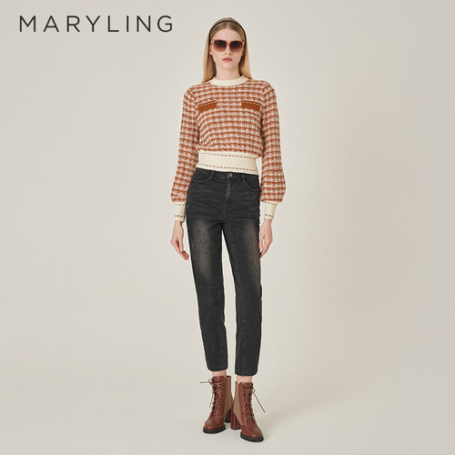 MARYLING白咖色格纹针织衫