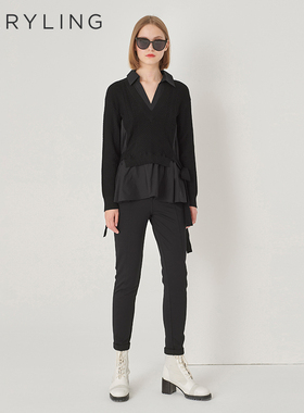 MARYLING玛俪琳冬季新品黑色衬衣领绑带针梭配上衣A1DIW26480