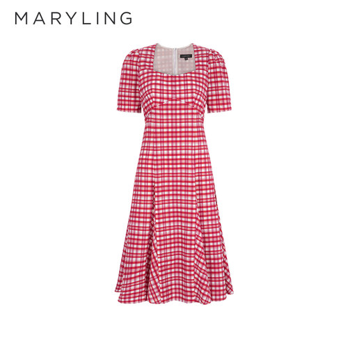 MARYLING格纹方领泡泡袖连衣裙