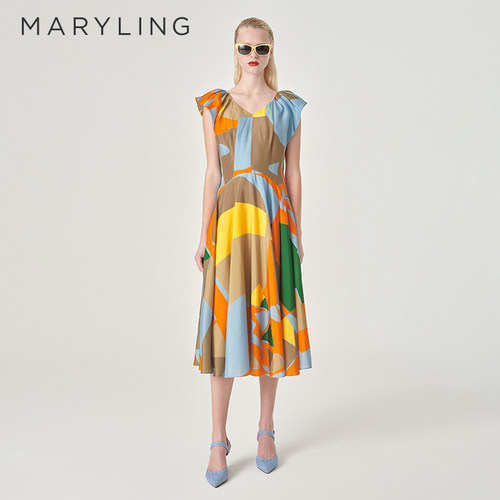 MARYLING蝴蝶式泡泡袖印花连衣裙