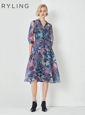 MARYLING玛俪琳春夏季V领衬衣式桑蚕丝印花连衣裙A1DBW61680